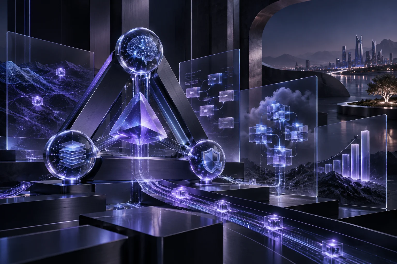 A technology visualization representing AI, integration, security and growth